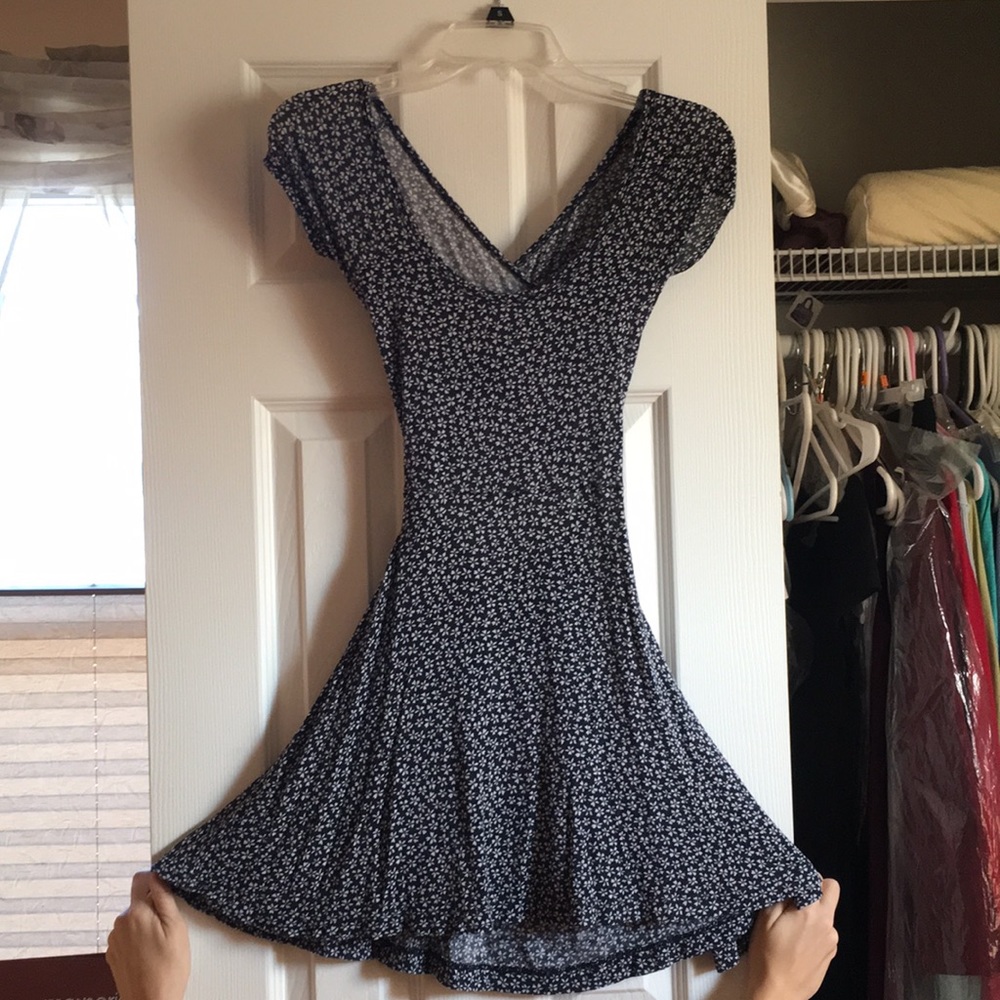 Navy Blue and White Floral Skater Dress